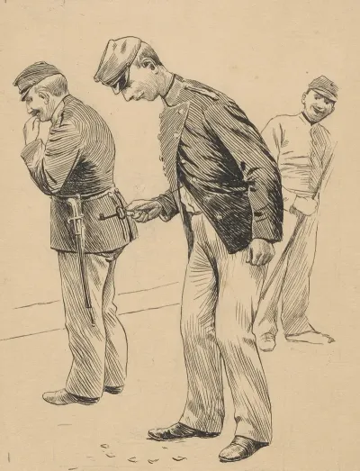 Two Soldiers Are Walking Around Looking For Something On The Ground While A Third One Laughs And Watches