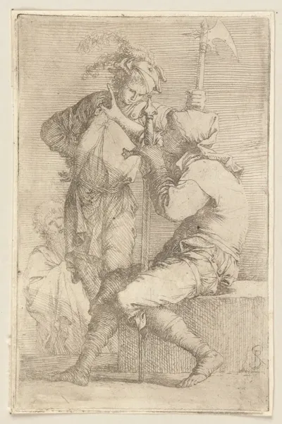 Two Soldiers One Seated On A Square Stone