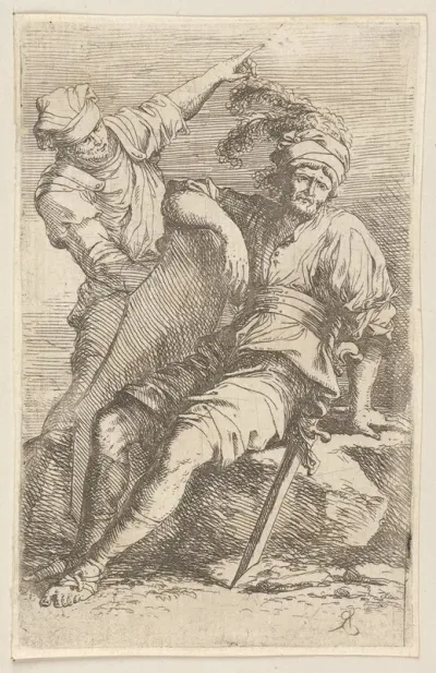 Two Soldiers One Seated With Sword And Shield