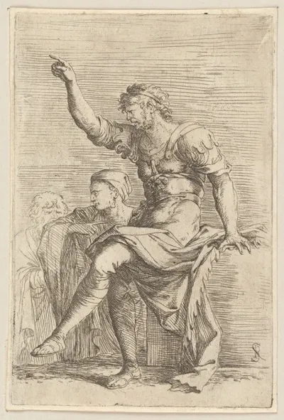Two Soldiers One With His Hand Raised Pointing Toward The Left