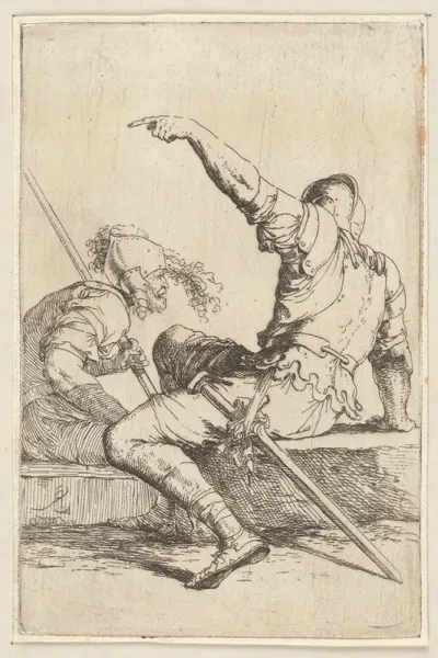 Two Soldiers Seated On A Rectangular Stone