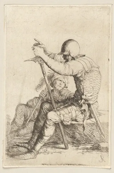 Two Soldiers Seated One On A Stone The Other On The Ground