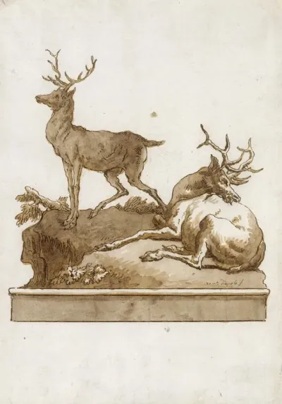 Two Stags One Standing And One Lying On A Grassy Knoll With A Base