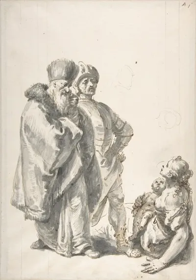 Two Standing Male Figures And Seated Woman With A Child