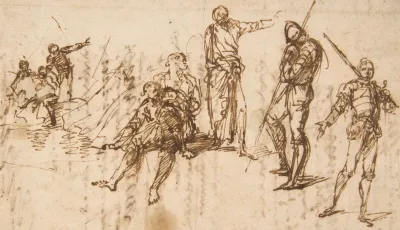 Two Standing Soldiers And Six Other Figures