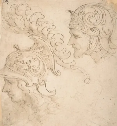 Two Studies For Helmet Designs Presented En Profil