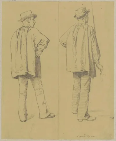 Two Studies Of Men In Loose Shirts And Hats Depicted From The Back