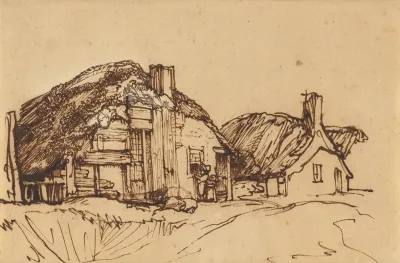 Two Thatched Cottages With Figures At A Window
