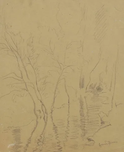 Two Trees Growing By A River And Reflected In The Water