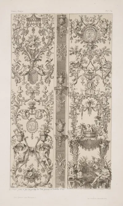 Two Vertical Designs Separated By Designs For Urns Supported By Brackets