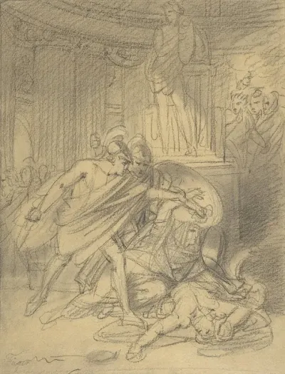 Two Warriors In Classical Costume Bending Over Two Figures