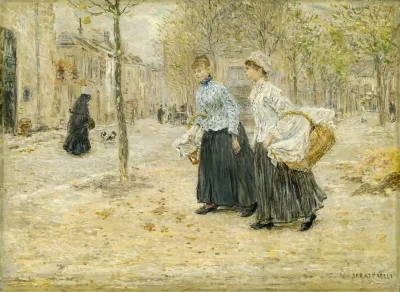 Two Washerwomen Crossing A Small Park In Paris