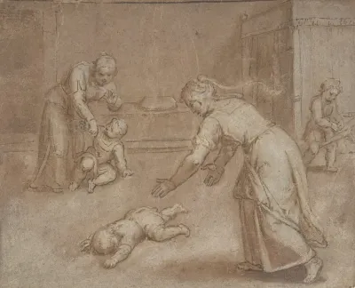 Two Women And Three Children In An Interior