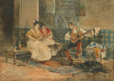 Two Women In An Interior Listening To A Guitarist