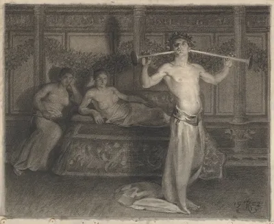 Two Women In An Interior Listening To A Young Musician In Antique Times
