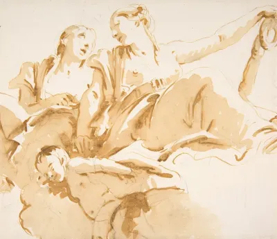 Two Women One Holding An Anchor And A Putto On Clouds