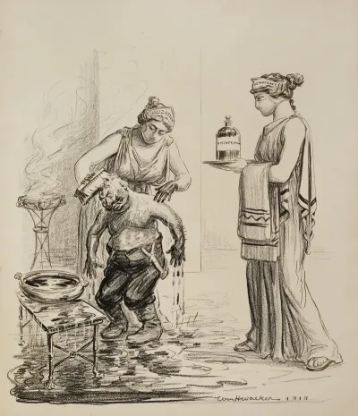 Two Women Representing Civilization And Democracy Wear Surgical Masks And Scrub Down Kaiser Wilhelm Ii With Disinfectant