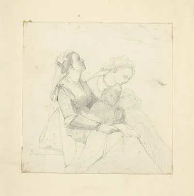 Two Women Seated Wearing Veiled Head Pieces Each Holding An Infant
