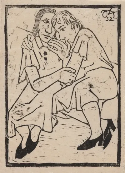 Two Women Sitting On A Bench Cuddled