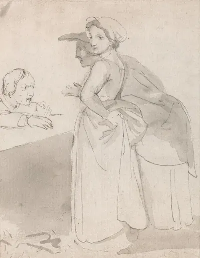 Two Women Talking To A Man At A Counter