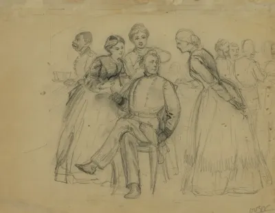 Two Women Trimming A Mans Hair