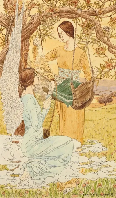 Two Women With A Cradle One Of Them Winged