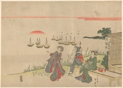 Two Women With Man Watching Sun Rise Over Shinagawa Bay