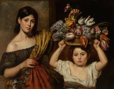 Two Young Children With A Basket Of Flowers