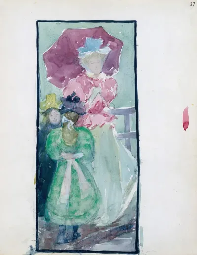 Two Young Girls And A Woman With A Parasol