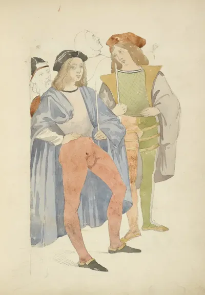 Two Young Men Wearing Hats Cloaks And Tights Carrying Thin Staffs Or Swords Two Figures In Background