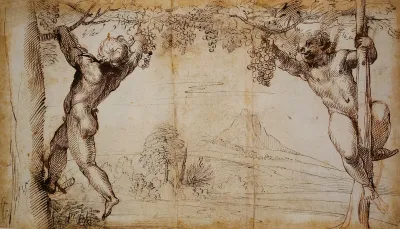 Two Young Satyrs Picking Grapes