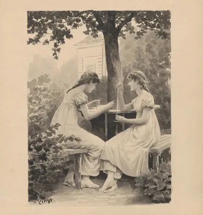 Two Young Women Are Sewing At A Garden Table