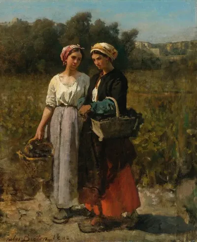 Two Young Women Picking Grapes Study For The Vintage At Chateau Lagrange