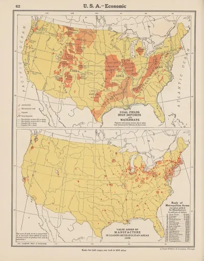 U S A Economic Coal Fields Iron Deposits Waterways Value Added By Manufacturing