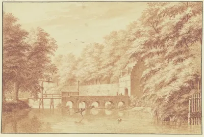 Uber Ein Wasser Fuhrt Eine Steinbrucke Von Funf Bogen Nach Einem Parktor Auf Dem Wasser Zwei Schwane