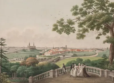 Udsigt Af Helsingor Kronborg Og Oresundet Imellem Kysterne Af Sjaelland Og Skane Tegnet Pa Terrassen I Hangen Ved Marienlyst