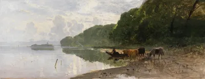 Uferlandschaft Am Starnberger See Mit Weidenden Kuhen