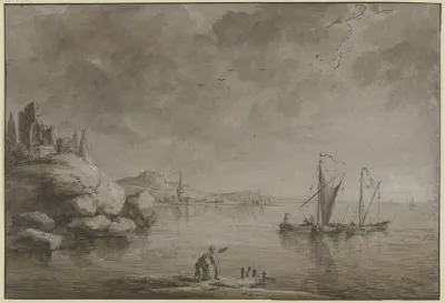 Uferlandschaft Mit Felsen Einer Ruine Und Einem Hafenstadtchen
