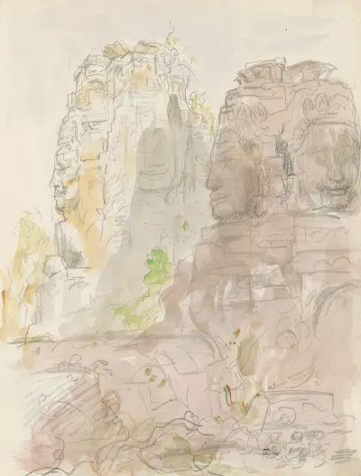 Uit Steen Gehouwen Hoofden Van Brahma Bij De Bayontempel In Cambodja