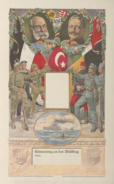Umkranzte Brustbilder Franz Josephs I Und Wilhelms Ii Darunter Huldigende Soldaten Osterreichs Deutschlands Und Der Turkei Fahnen Und Wappen Dieser Lander