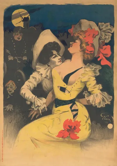 Un Pierrot Et Une Jeune Femme En Robe Jaune En Haut A Gauche Un Moulin Et Un Agent De Police A Byciclette
