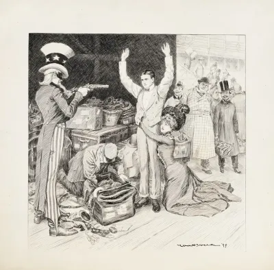 Uncle Sam As A Bandit Holds Up A Young Couple At Customs