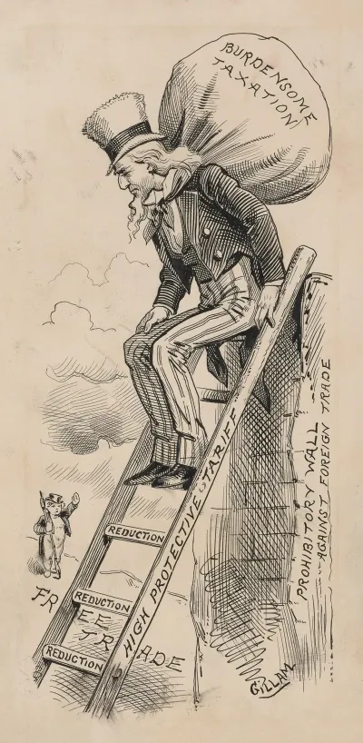 Uncle Sam Atop Protective Tariff Ladder Carrying Burdensome Taxation On His Back
