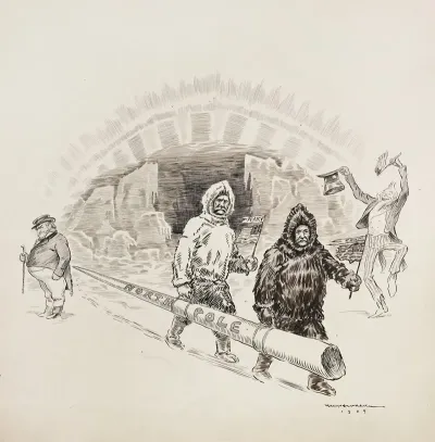 Uncle Sam Cheers As Explorers Perry And Cook Make It To The North Pole For The United States