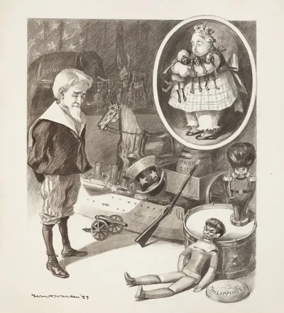Uncle Sam Depicted As A Boy Looks Over His Toys