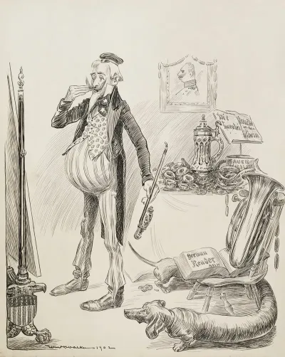 Uncle Sam Depicted As The Kaiser Hat Style Mustache Style And Pipe With German Items Around The Room