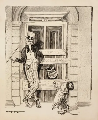 Uncle Sam Has Barred The Door To The United States To Keep Out A Chinese Man With Boards Reading Chinese Exclusion