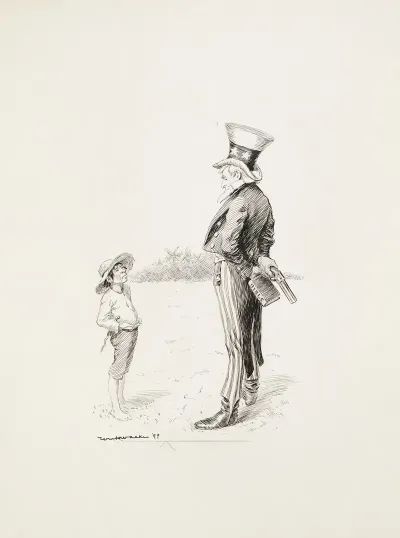 Uncle Sam Holding A Gun And A Bible Behind His Back Talks To A Man From A Tropical Country