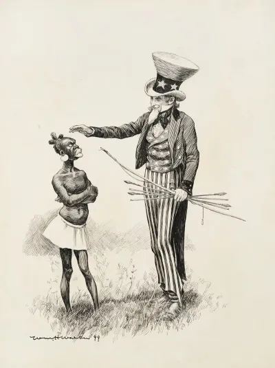 Uncle Sam Holds A Bow And Arrows And Tries To Pat An Angry Black Man In Native Dress On The Head