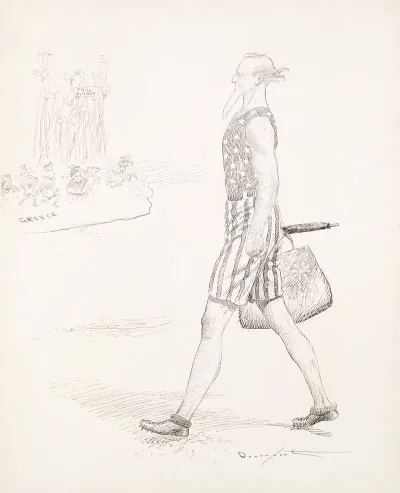 Uncle Sam In A Bathing Suit Walks Along A Beach
